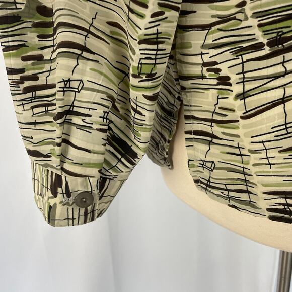 Vintage Top Plus Size 18 Beige Green Abstract Art Button Up Long Sleeve Y2K - Picture 6 of 12